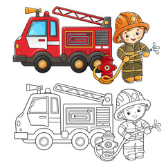 Wall Mural - Coloring Page Outline Of cartoon fire truck with fireman or firefighter. Fire fighting. Professional transport. Coloring Book for kids.