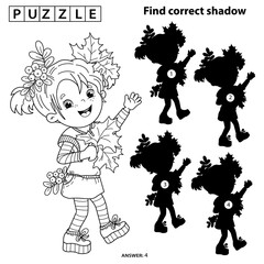 Wall Mural - Puzzle Game for kids. Find correct shadow. Coloring Page Outline Of cartoon girl with autumn leaves and sprigs of mountain ash. Coloring book for children.