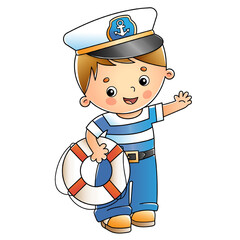 Wall Mural - Cartoon sailor or seaman with lifebuoy. Profession. Colorful vector illustration for kids.