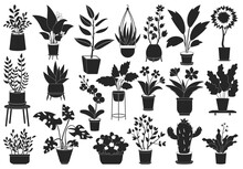 Flowerpot Vector Black Icon Set . Collection Vector Illustration Pot Of Plant On White Background. Isolated Black Icon Set Flowerpot For Web Design.