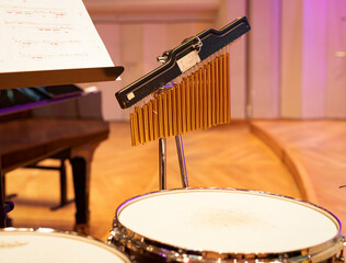 Percussion instrument on the stage.Xylophone. drum kit on stage