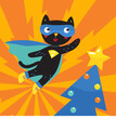 Merry Christmas. Superhero cat celebrating the winter holiday. Vector illustration of cute animal in sarps mischievous in flat cartoon style. Elements are isolated.