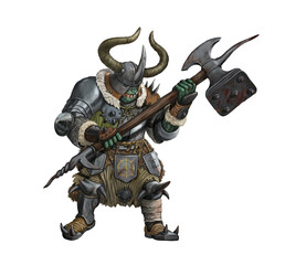 Sticker - Fantasy creature - orc warrior attack. Fantasy illustration. Goblin with ax drawing.
