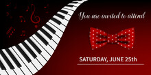 Elegant Invitation To A Concert With Keyboard Instruments. Illustration In Dark Red Color With Notes And Text.
