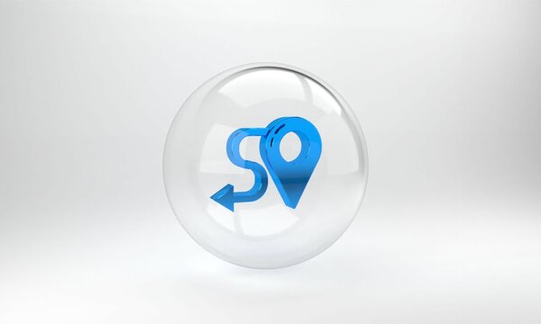 Blue Route location icon isolated on grey background. Map pointer sign. Concept of path or road. GPS navigator. Glass circle button. 3D render illustration