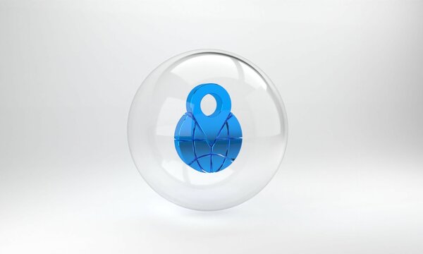 Blue Location on the globe icon isolated on grey background. World or Earth sign. Glass circle button. 3D render illustration