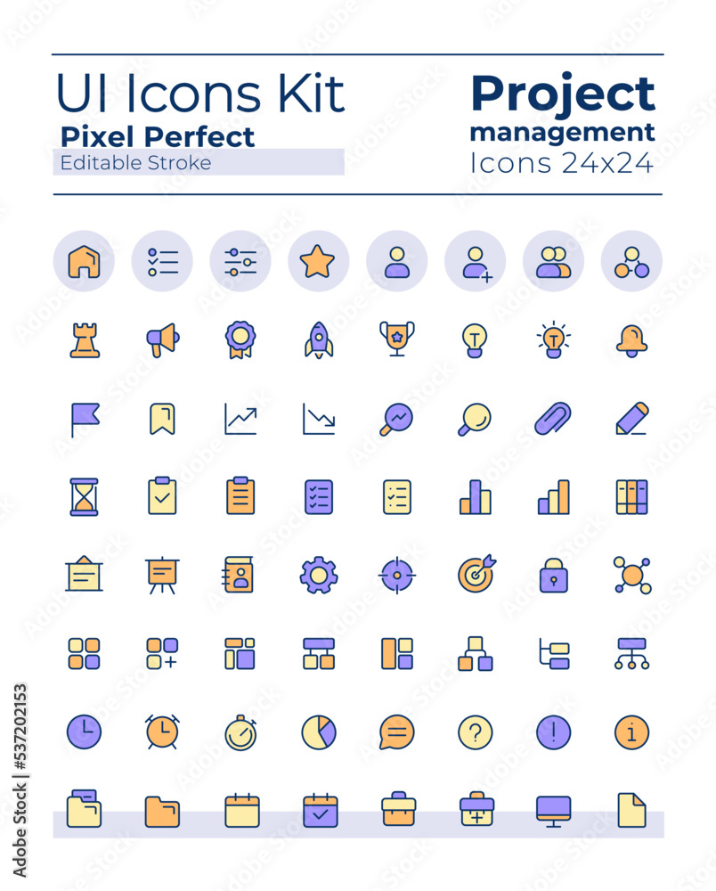 Project management pixel perfect RGB color ui icons kit. Strategy of ...