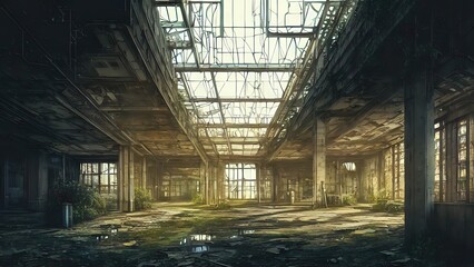  Abandoned plant overgrown with vegetation. concept art, interior.