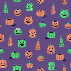 Wall Mural - Seamless pattern with cat pumpkins. Happy halloween design