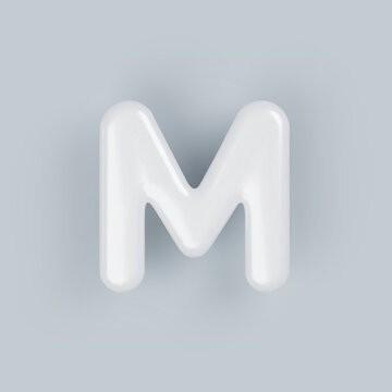 3D White plastic uppercase letter M with a glossy surface on a gray background.