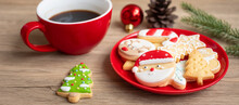 Merry Christmas With Homemade Cookies And Coffee Cup On Wood Table Background. Xmas Eve, Party, Holiday And Happy New Year Concept