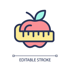 Sticker - Fruit and measuring tape pixel perfect RGB color ui icon. Weight loss. Diet. Simple filled line element. GUI, UX design for mobile app. Vector isolated pictogram. Editable stroke. Arial font used