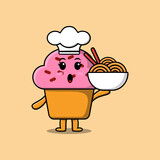 Fototapeta Dinusie - Cute cartoon Cupcake chef character holding noodles in bowl flat cartoon style illustration