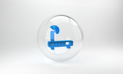 Poster - Blue Router and wi-fi signal icon isolated on grey background. Wireless ethernet modem router. Computer technology internet. Glass circle button. 3D render illustration