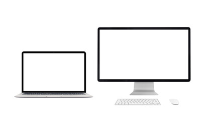 Poster - Computer display, laptop, keyboard and mouse. Front desk view. Isolated PNG transparent