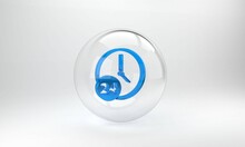 Blue Clock 24 Hours Icon Isolated On Grey Background. All Day Cyclic Icon. 24 Hours Service Symbol. Glass Circle Button. 3D Render Illustration