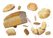 Wheat ears, bread, pastries on transparent background. Celiac disease and gluten intolerance concept. Healthcare, healthy eating, healthy lifestyle, gluten free diet. 3D rendering.