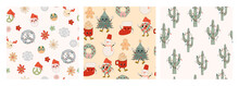 Christmas Seamless Pattern Collection With Hippie Groovy Style. Editable Vector Illustration.
