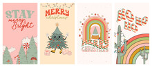 Christmas Groovy Social Media Temlate With Hippie Elements And Charactres. Editable Vector Illustration.