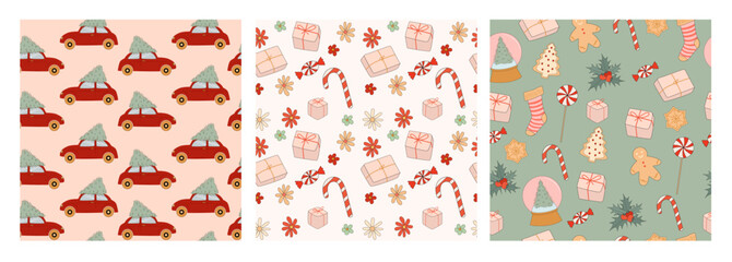 Wall Mural - Christmas seamless pattern collection with hippie groovy style. Editable vector illustration.