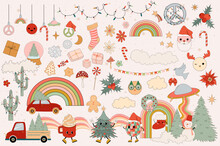 Collection Of Groovy Christmas Elements And Characters With Hippie Style. Editable Vector Illustration.