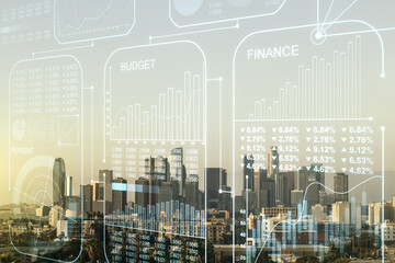Poster - Double exposure of abstract virtual statistics data hologram on Los Angeles city skyscrapers background, statistics and analytics concept