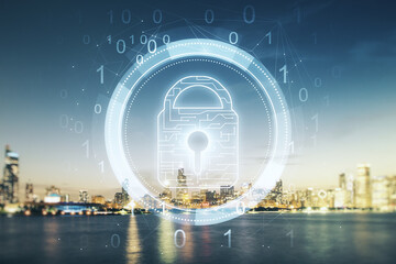 Poster - Virtual creative lock sketch with chip hologram on Chicago office buildings background, protection of personal data concept. Multiexposure