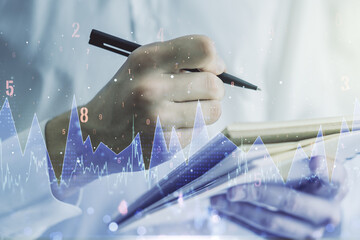 Poster - Multi exposure of abstract graphic data spreadsheet sketch with man hand writing in diary on background, analytics and analysis concept