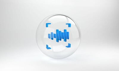 Poster - Blue Voice recognition icon isolated on grey background. Voice biometric access authentication for personal identity recognition. Cyber security. Glass circle button. 3D render illustration
