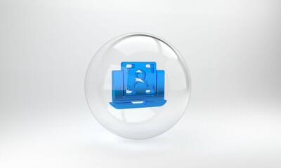 Aufkleber - Blue Laptop with face recognition icon isolated on grey background. Face identification scanner icon. Facial id. Cyber security concept. Glass circle button. 3D render illustration