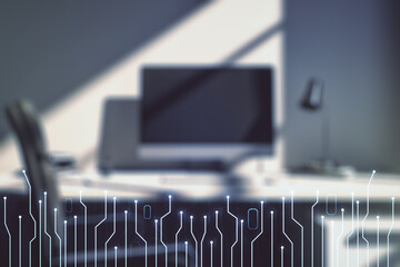 Aufkleber - Creative abstract micro chip hologram and modern desktop with pc on background, artificial intelligence and machine learning concept. Multi exposure