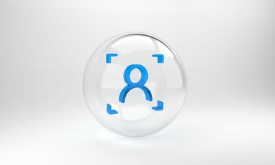 Aufkleber - Blue Face recognition icon isolated on grey background. Face identification scanner icon. Facial id. Cyber security concept. Glass circle button. 3D render illustration