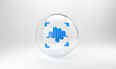 Poster - Blue Voice recognition icon isolated on grey background. Voice biometric access authentication for personal identity recognition. Cyber security. Glass circle button. 3D render illustration