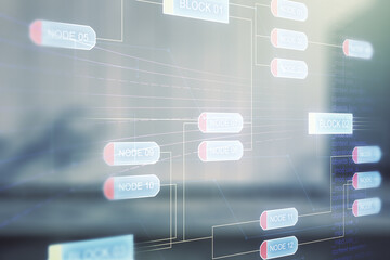 Poster - Multi exposure of abstract programming language hologram on contemporary business center exterior background, artificial intelligence and machine learning concept