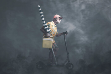 Canvas Print - Senior tourist riding an electric scooter surrounded by smog