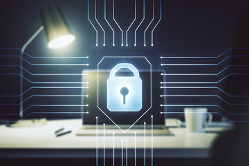 Poster - Creative light lock illustration with microcircuit on modern computer background, cyber security concept. Multiexposure