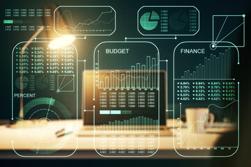 Poster - Double exposure of abstract creative statistics data hologram on computer background, analytics and forecasting concept