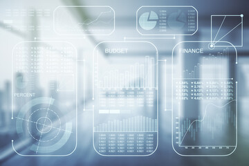 Aufkleber - Multi exposure of stats data illustration on empty corporate office background, computing and analytics concept