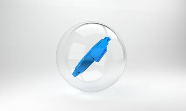 Blue Pen icon isolated on grey background. Glass circle button. 3D render illustration