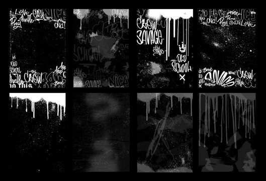 Wall Mural -  - Street Monochrome Overlay Texture Stamps. Vector street art set with effect spray, grainy, graffiti, dust, dripping paint, bombing, grunge. Overlay texture with spray and graffiti tags. Vector stamps	