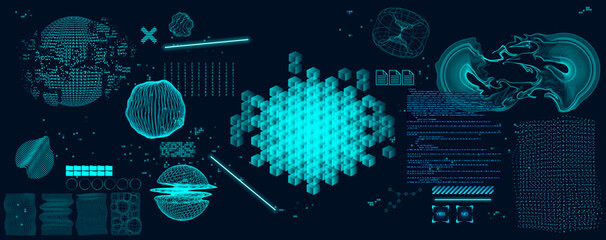 Leinwandbilder - Blockchain and Big data visualization in hood style with abstract elements. Processing of information and classification of data streams for their sorting. Blocks of information. Vector set 