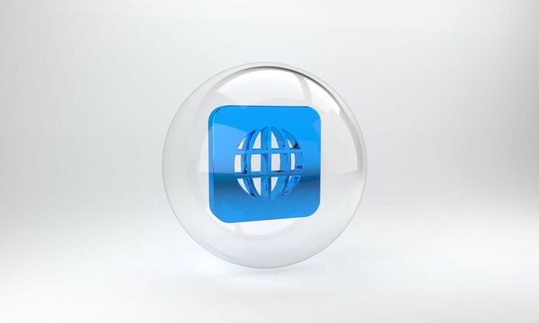 Blue Worldwide icon isolated on grey background. Pin on globe. Glass circle button. 3D render illustration
