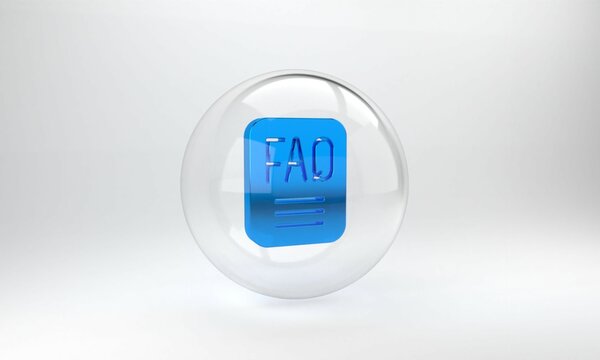 Blue Speech bubble with text FAQ information icon isolated on grey background. Circle button with text FAQ. Glass circle button. 3D render illustration