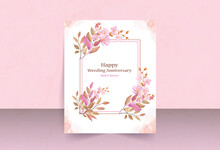 Square Frame With Pink Cosmos Flowers And Leaves Wedding Anniversary Card