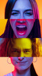 © master1305 - Shout, smile. Vertical composite image of male and female parts of faces isolated on colored neon background. Concept of emotions, facial expressions