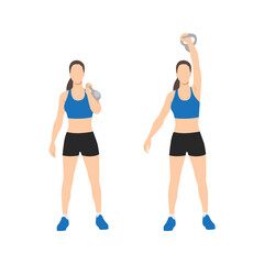 Wall Mural - Woman doing One arm kettlebell push and press exercise. Flat vector illustration isolated on white background