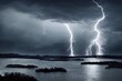 © Oleg - dark stormy skies with several different types of lightning, lightning flashes and clouds over a body of water. Generative AI