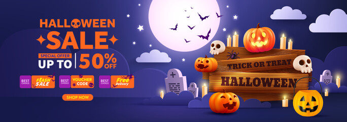 Wall Mural - Halloween Sale Promotion Poster or banner template. Halloween night seen With Big Moon, Halloween pumpkins,Old wooden board and skull. Website spooky or banner template. Vector illustration eps 10