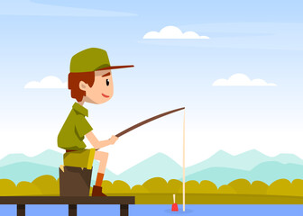 Sticker - Boy Scout Cartoon Character in Khaki Costume Sitting and Fishing Vector Illustration