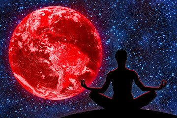 Wall Mural - Female yoga figure against universe background and Red Planet Earth, apocalyptic, end of world, destruction of planet Earth concept.